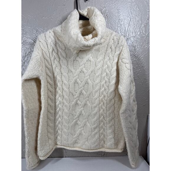 Inis Crafts Womens Turtleneck Fisherman Sweater Ivory Cable Knit Wool Ireland S - Picture 1 of 5